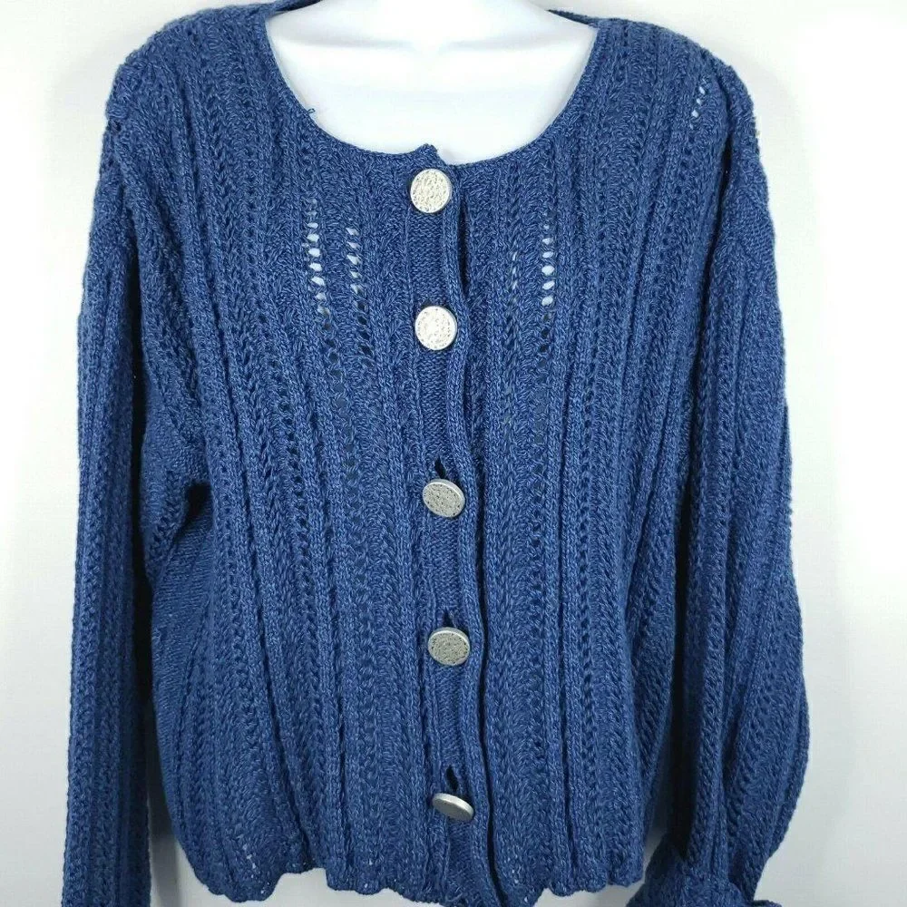 JP Berringer Blue Sweater Crop M Vintage 90s Open Knit Silver Buttons New